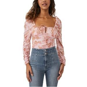 Free People Hilary Printed Floral Peep Hole Blouse Small